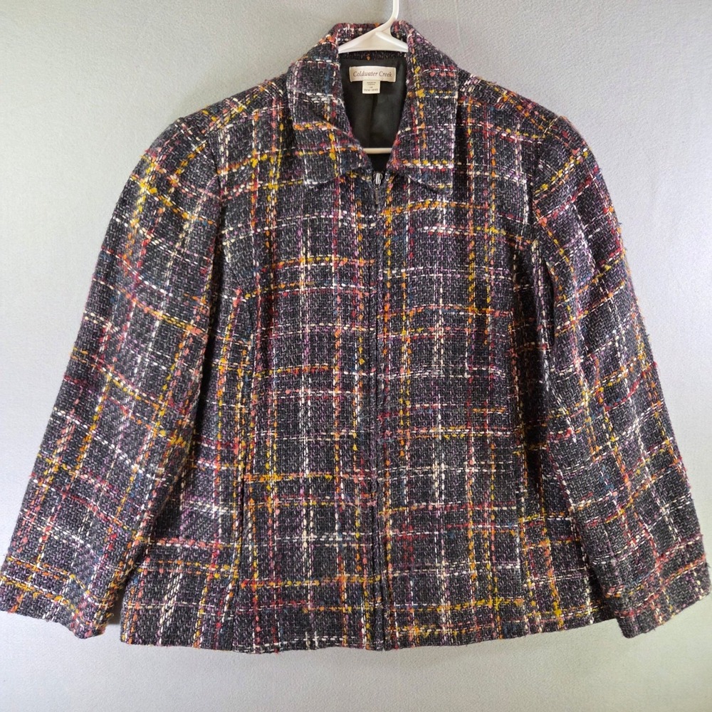 Coldwater Creek 1X Multi Color Tweed Plaid Zip Front Jacket Fall Layering Twee